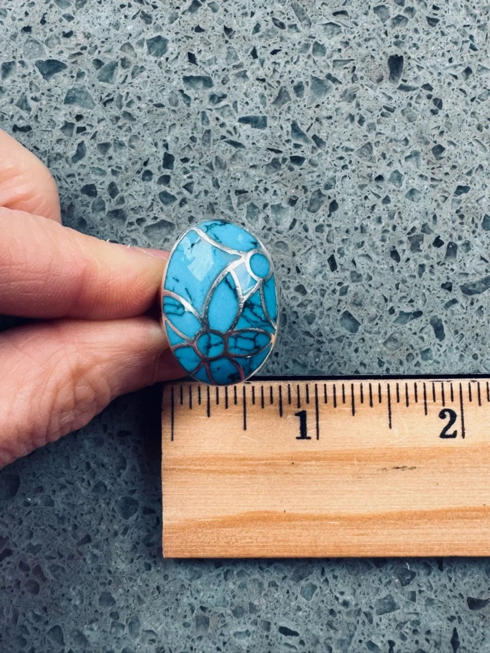 Sterling Silver Statement Turquoise 1” Oval Ring with Flower motif Size 7.75